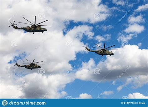 Moscow Russia May 7 2021 Flying Helicopters At Rehearsal For The