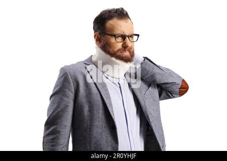 Bearded Man With An Orthopedic Neck Collar Isolated On White Background