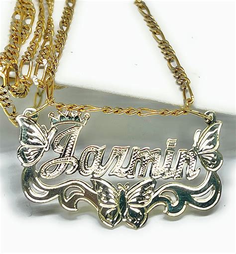 14k Solid Gold Yellow ENGRAVED Cursive BUTTERFLIES + CROWN Custom Name ...