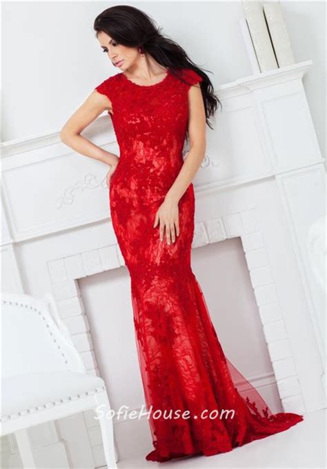 Mermaid Scoop Neck Cap Sleeve Open Back Long Red Lace Beaded Evening