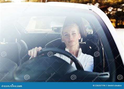 Beautiful Blonde Woman Driving A White Car Stock Photo Image Of Drive