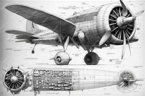 Dibujo a lápiz de diseño de aeronaves con detalles detallados e intrincados de las alas del ...