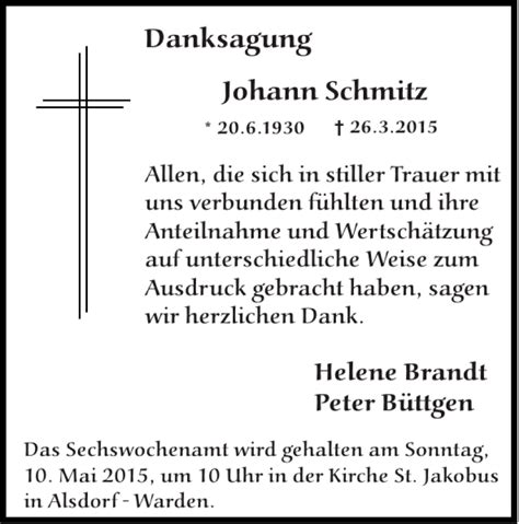 Traueranzeigen Von Danksagung Johann Schmitz Aachen Gedenkt