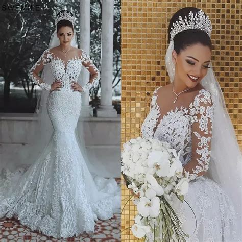 Luxury Dubai Saudi Arabic Lace Mermaid Wedding Dress Sexy Illusion Long