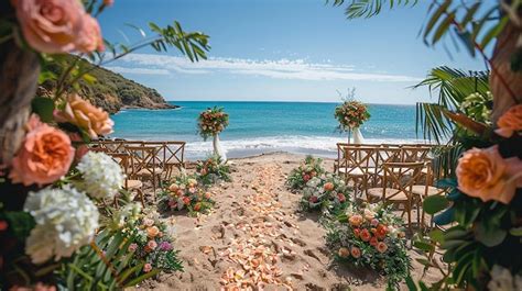 Premium Photo | A beach wedding with flowers and a beach in the background