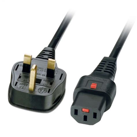 2m Mains Power Cable UK 3 Pin Plug To Locking IEC C13 Black From