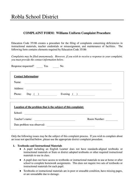 Fillable Online Complaint Form Williams Uniform Complaint Procedure Fax