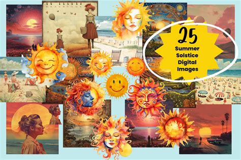 Summer Solstice Digital Printable Bundle Suns Vintage Art Etsy