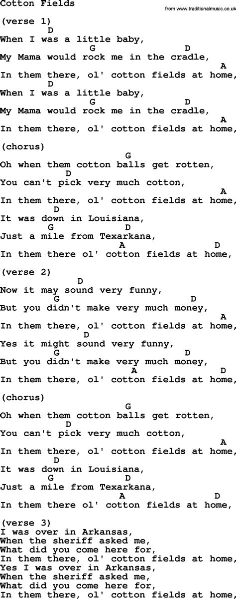 Johnny Cash song: Cotton Fields, lyrics and chords