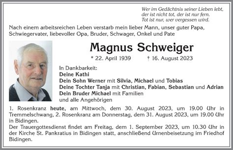 Traueranzeigen Von Magnus Schweiger Augsburger Allgemeine Zeitung