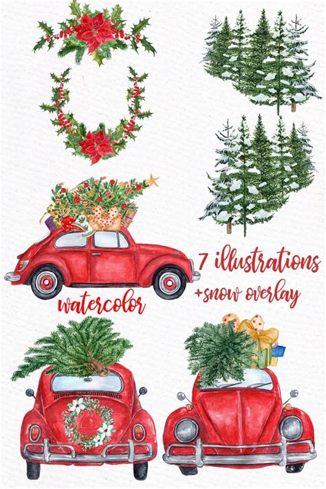 Watercolor Christmas Cars Clipart CHRISTMAS BEETLE Christmas Red Car