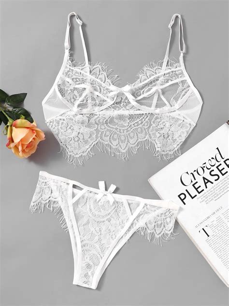 Shop Eyelash Lace Sheer Lingerie Set Online Shein Offers Eyelash Lace