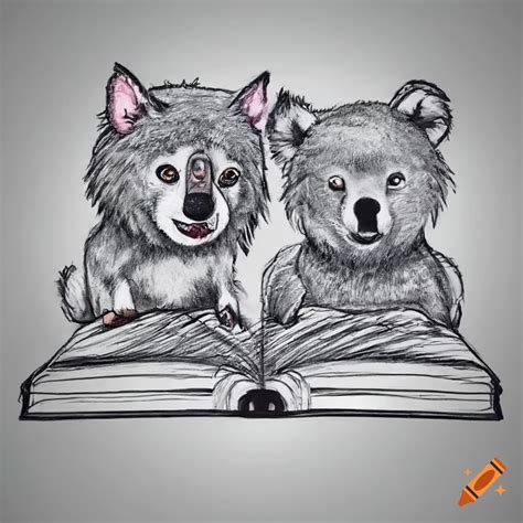 Open Book With Drawning White Wolf And Koala