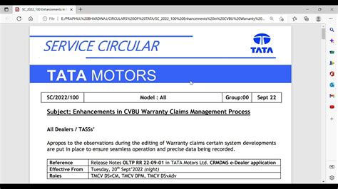 Tata Motors New Warranty Circular Sc2022100 Enhancements In Cvbu Crmdms New Update In