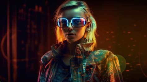 Premium Ai Image A Woman Wearing Neon Glasses Stands In Front Of A