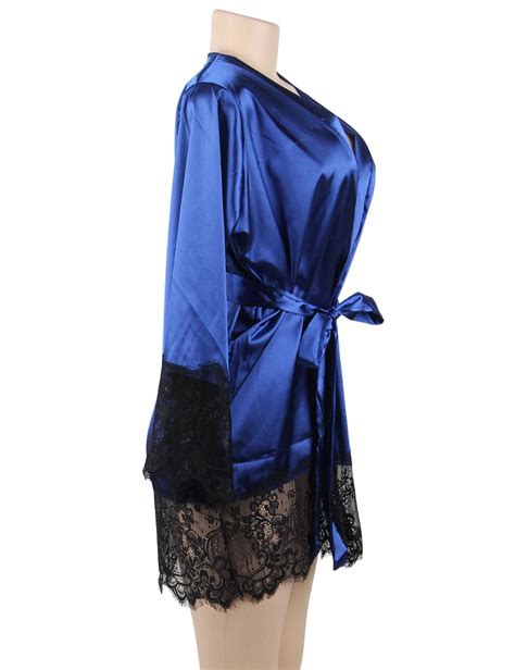 Blue Silk Satin Lace Sexy Women Kimono Home Pajamas Ohyeah