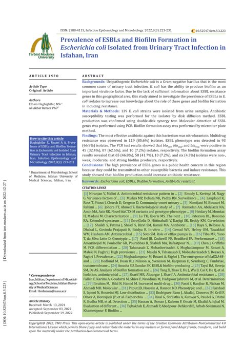 Pdf Prevalence Of Esbls And Biofilm Formation In Escherichia Coli