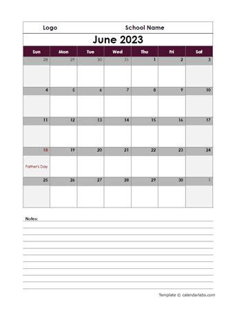 2023 Google Docs School Monthly Jun Calendar - Free Printable Templates