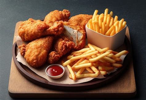 Un Plato De Pollo Frito Y Papas Fritas Con Salsa De Tomate Foto Premium