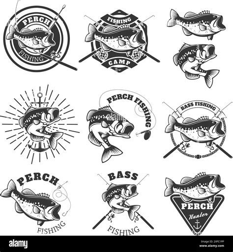 Bass Fishing Labels Perch Fish Emblems Templates For Fishing Club