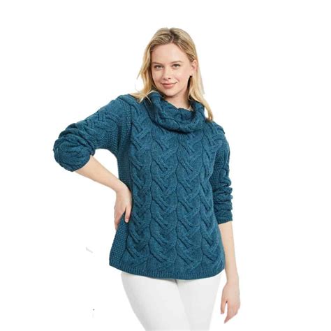 Super Soft Chunky Cable Cowl Neck Sweater Blue Celtic Clothing Company