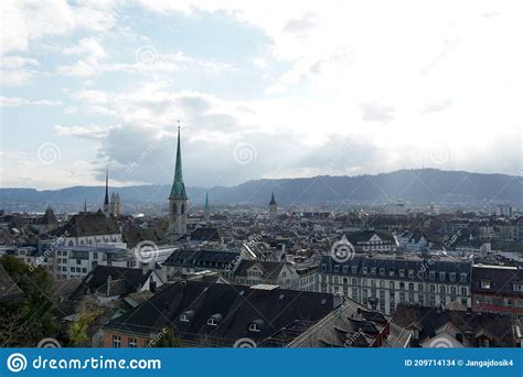 Panorama Of Zurich Historical Center Green Church Tower Of