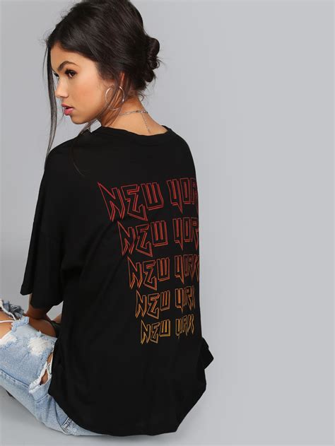 Oversized Deep V New York Tee Black Sheinsheinside