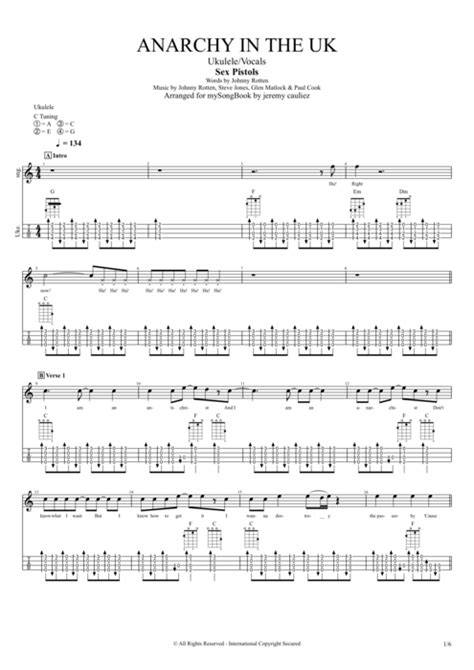 Anarchy In The Uk By Sex Pistols Ukulele And Vocals Guitar Pro Tab