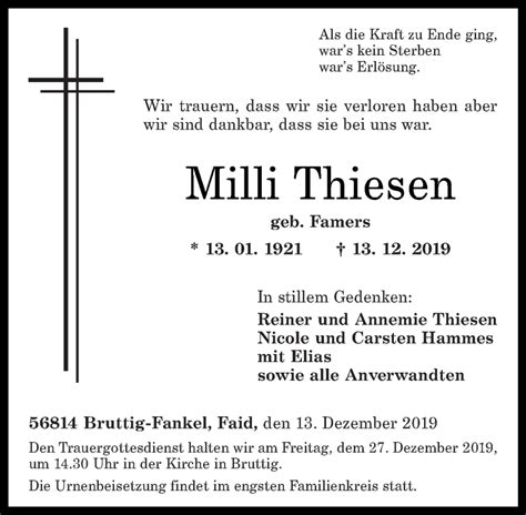 Traueranzeigen Von Milli Thiesen Rz Trauer De