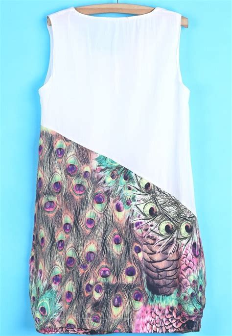 White Sleeveless Peacock Feathers Print Dress Shein Sheinside