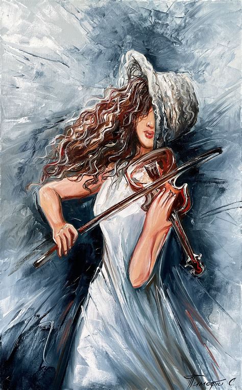 Girl Playing Violin Oil Painting Original Woman In Hat Canvas Wall Art