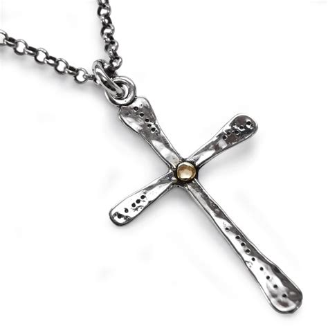 Hammered Silver Cross Pendant Necklace With A Touch Of Gold Etsy