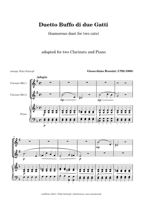 Duetto Buffo Di Due Gatti Gioacchino Rossini Arr For Two Clarinets