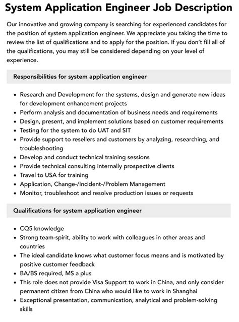 System Application Engineer Job Description Velvet Jobs