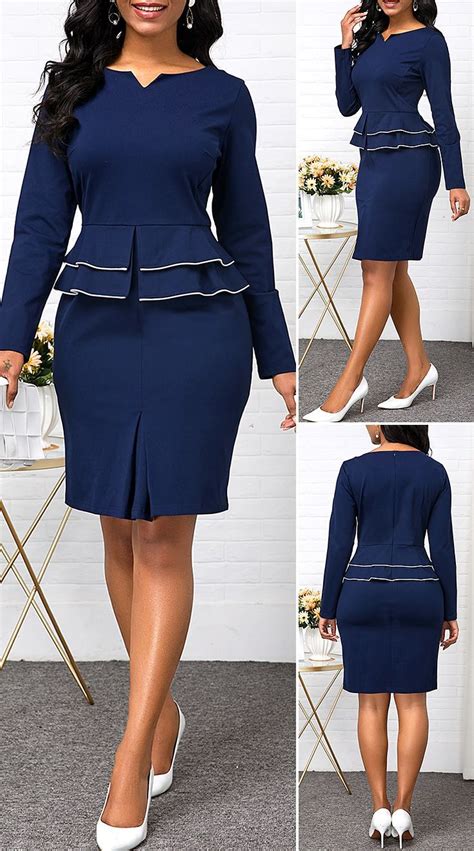 Peplum Waist Long Sleeve Split Neck Dress Stylish Beautiful Woman Peplum Waist Long Sleeve