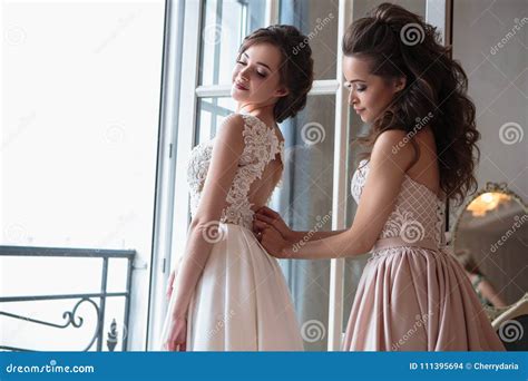 Beautiful Bride And Bridesmaids In Luxury Dresses Stock Photo Image