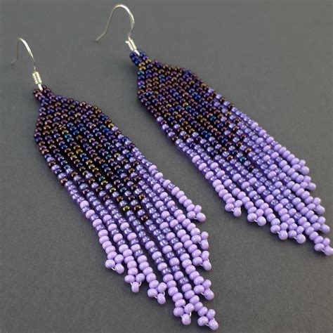 Purple Seed Beads Earrings With Fringes For Women In Ethnic Etsy