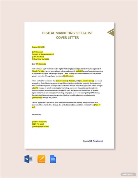 Digital Marketing Specialist Cover Letter In Word Pages PDF Google