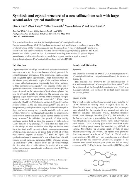 Pdf Synthesis And Crystal Structure Of A New Stilbazolium Salt With