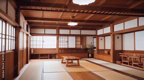 Spacious room for martial arts practicing. Traditional interior for dojo or karate school hall ...