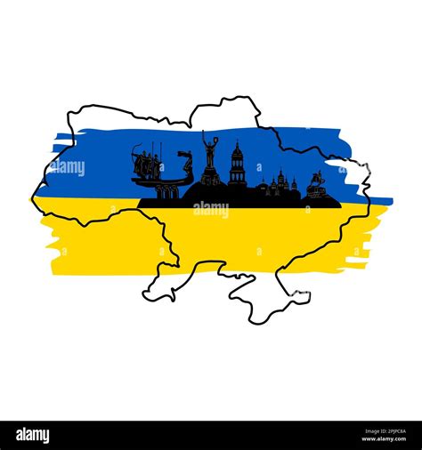 Map of Ukraine silhouette, Panorama of the city Kyiv, historical monuments, Symbols, Vector ...