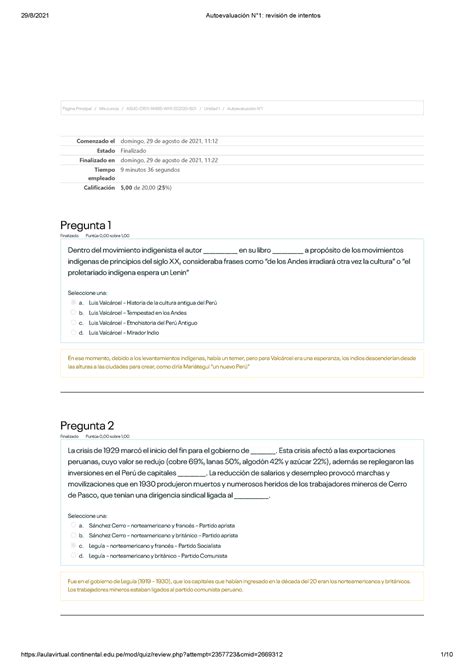 Autoevaluaci n N 1 revisi n de intentos 1 Página Principal Mis