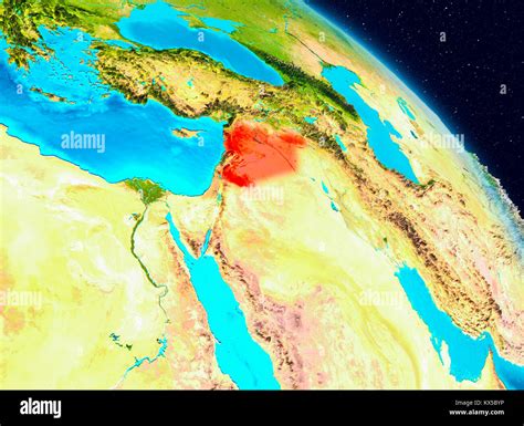 Space View Of Syria Highlighted In Red On Planet Earth D Illustration