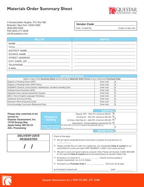 Fillable Online Materials Order Summary Sheet Questar Assessment Fax