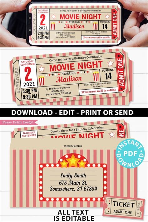 Movie Night Invitation Printables Red Vintage Ticket Movie Etsy