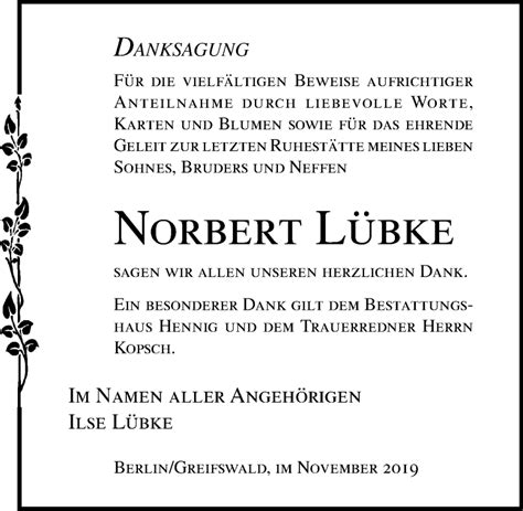 Traueranzeigen von Norbert Lübke trauer anzeigen de