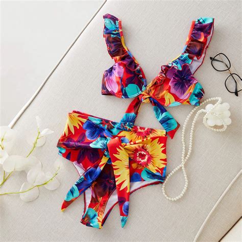 V Neck Bikinis Ruffled Swimsuit High Wait Bikini Print Swimwear