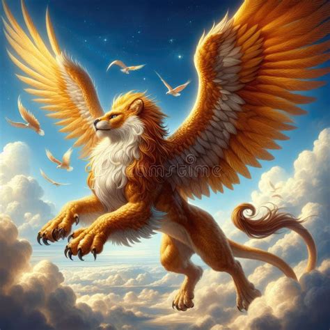 Majestic Winged Lion Soaring in Sky Stock Illustration - Illustration ...