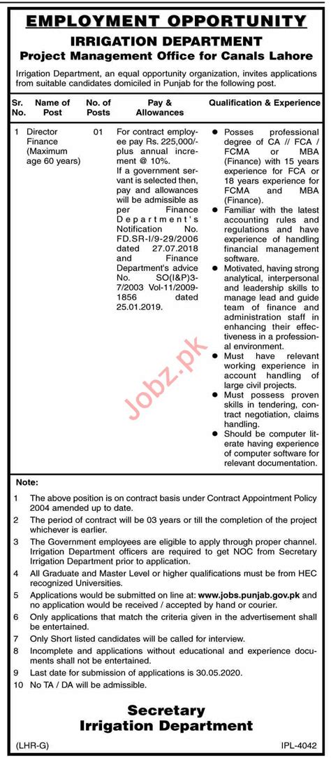 Irrigation Department PMO Office For Canals Lahore Jobs 2020 2024 Job