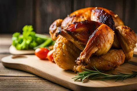 Un Asado Pollo En Un De Madera Corte Tablero Generado Por Ai